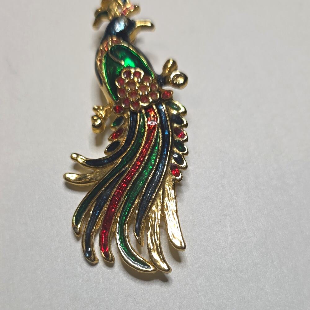Vintage Enamel Bird of Paradise Brooch Gold Tone Phoenix Peacock Pin 1980s